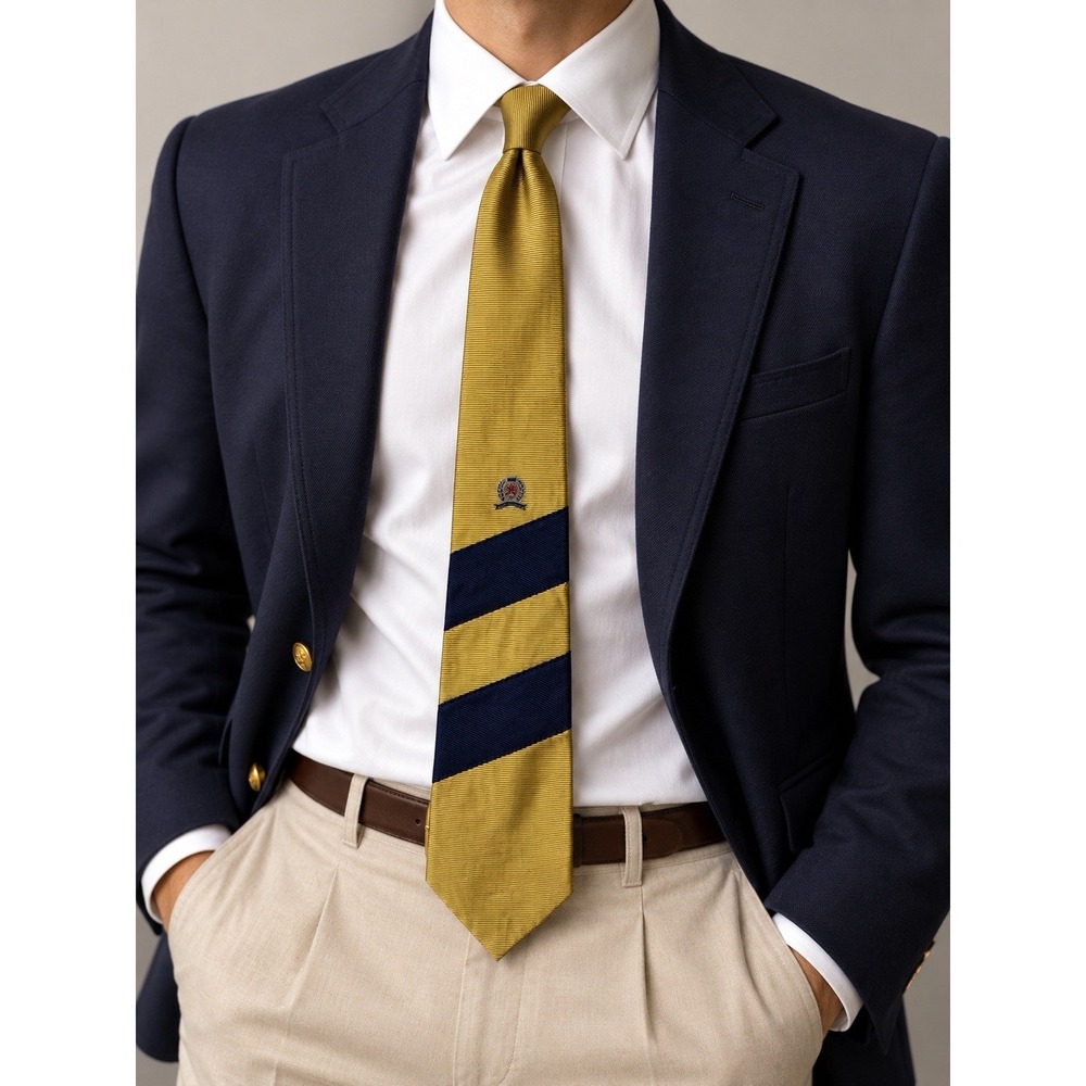 Vintage Tommy Hilfiger Tie 100% Italian Silk Gold Navy 4" Wide Crest Preppy